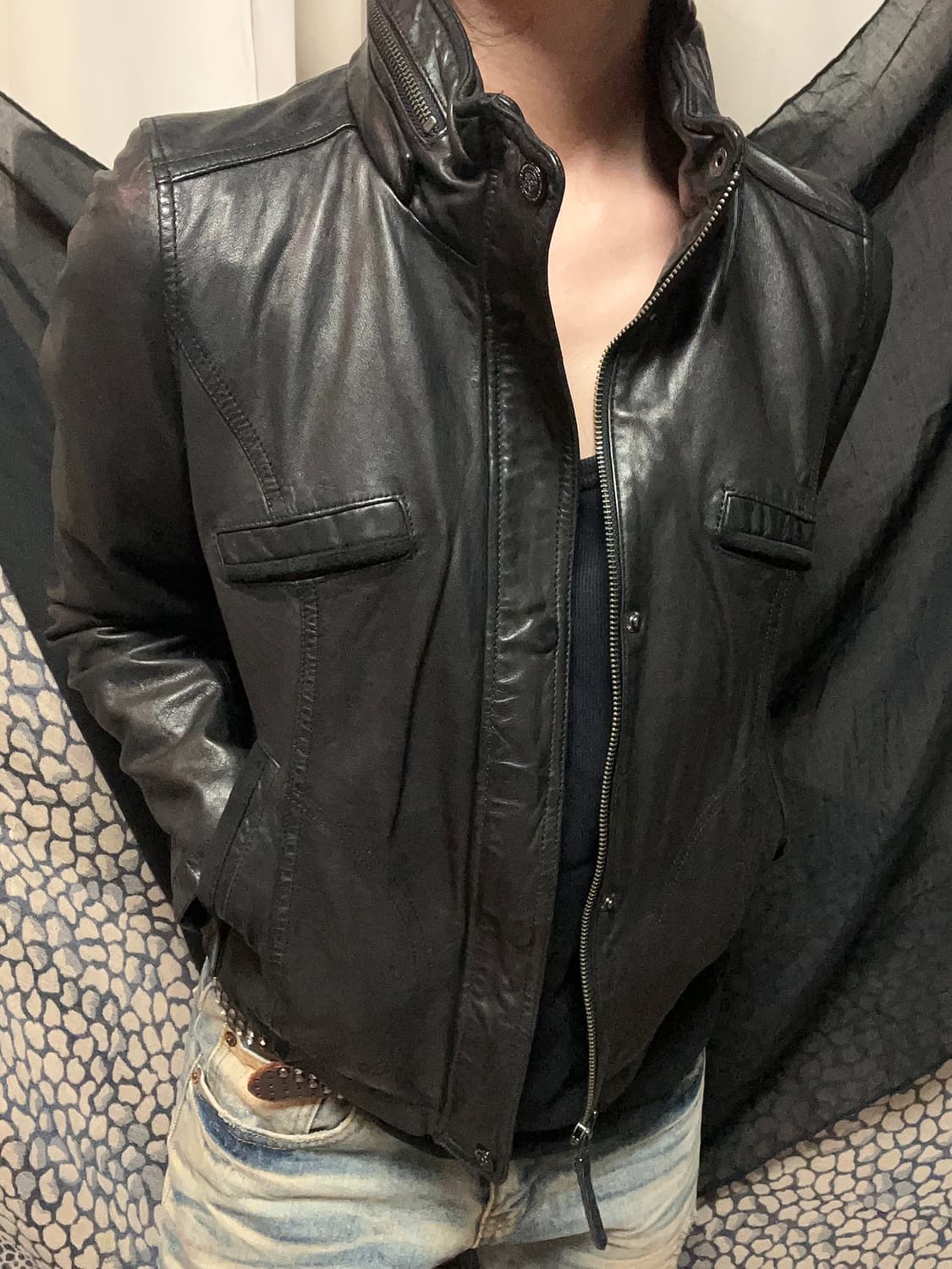 렘 스킨 하이넥 지퍼 블랙 레더자켓 상품이미지6