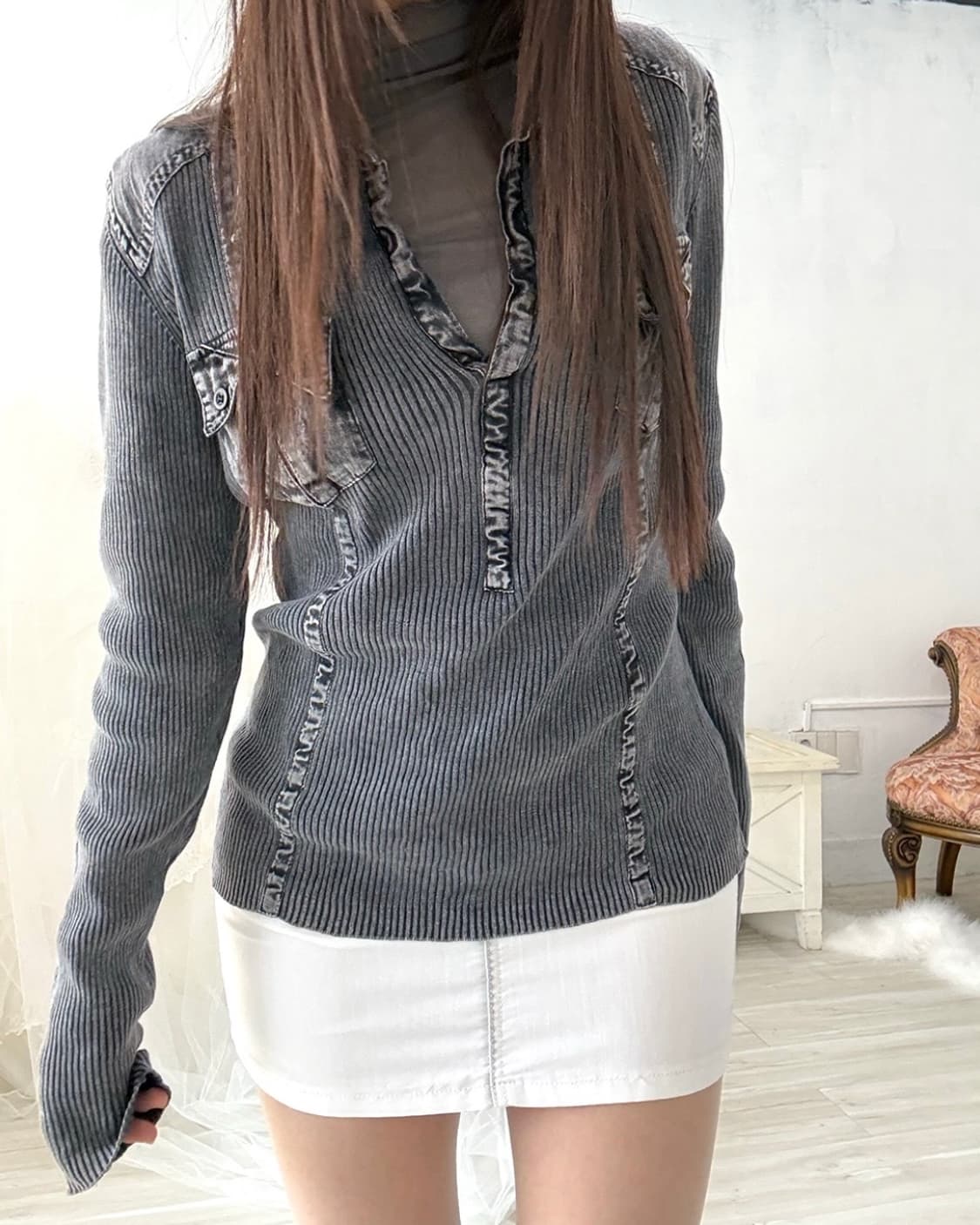 White washed detail mini skirt  상품이미지4