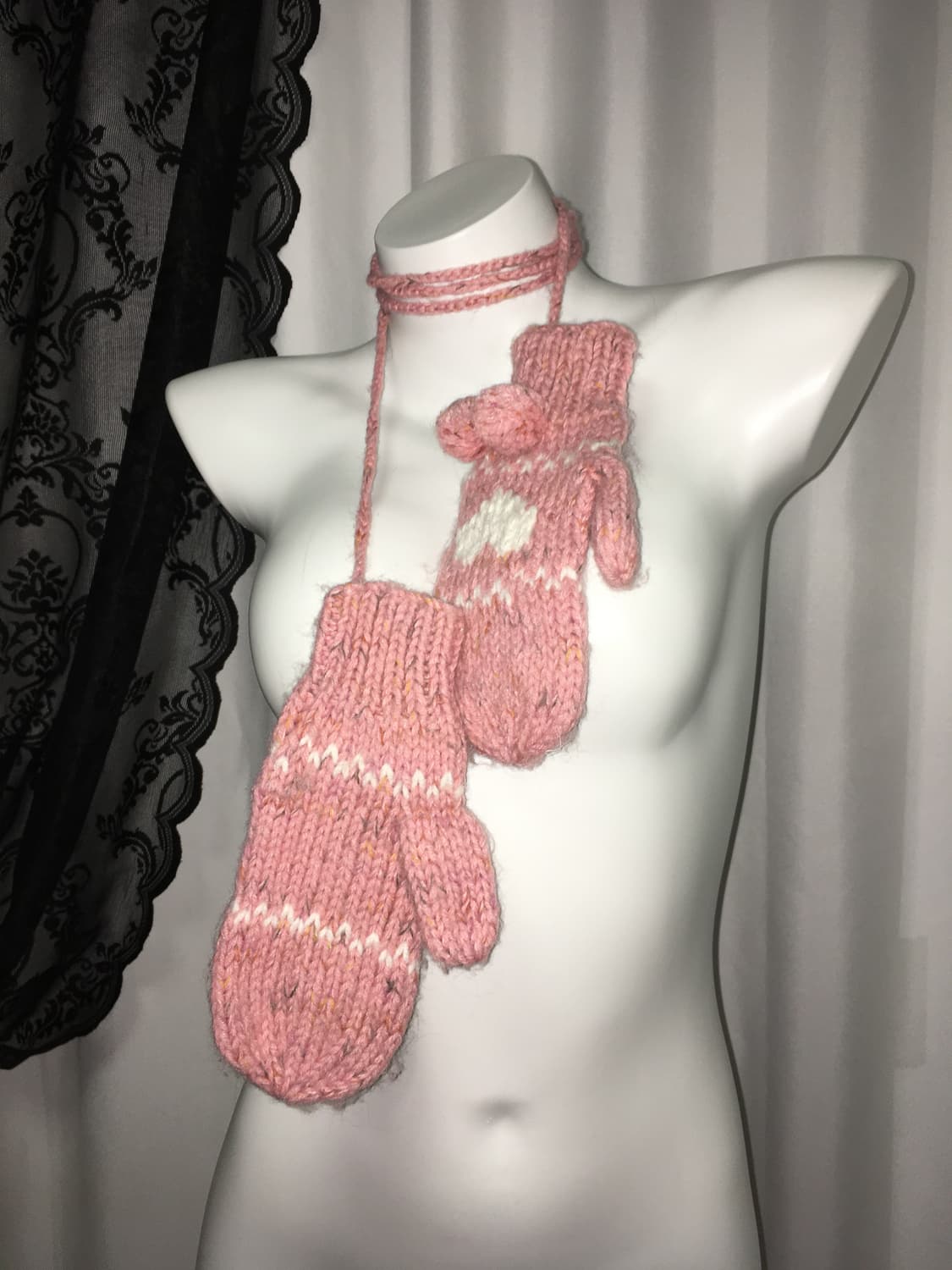 Vintage 하구미 모리걸 하트 뜨개자수 니트 벙어리장갑 뮤트핑크 상품이미지6