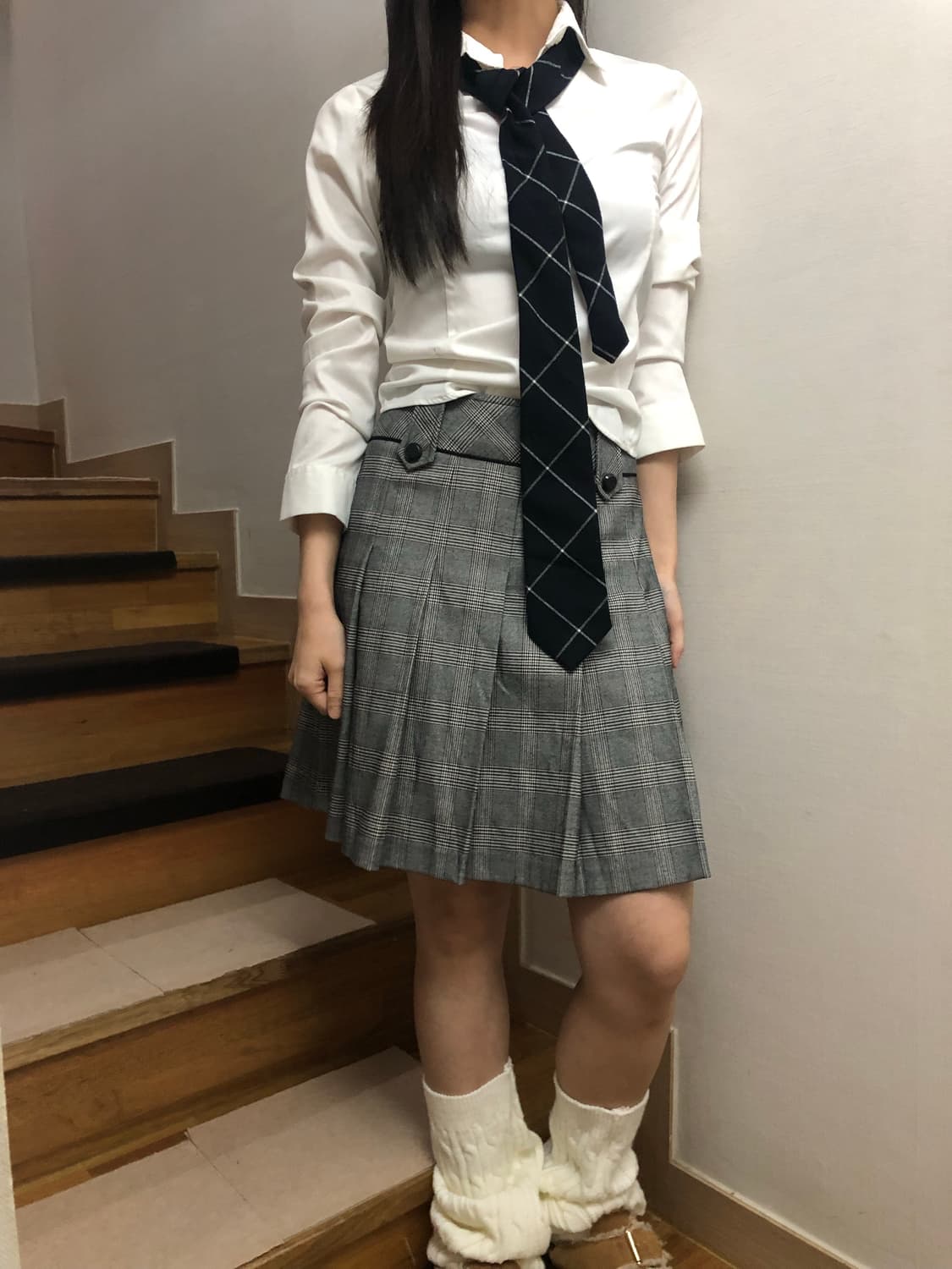 빈티지 그레이 체크 플리츠 미디 스커트 상품이미지2