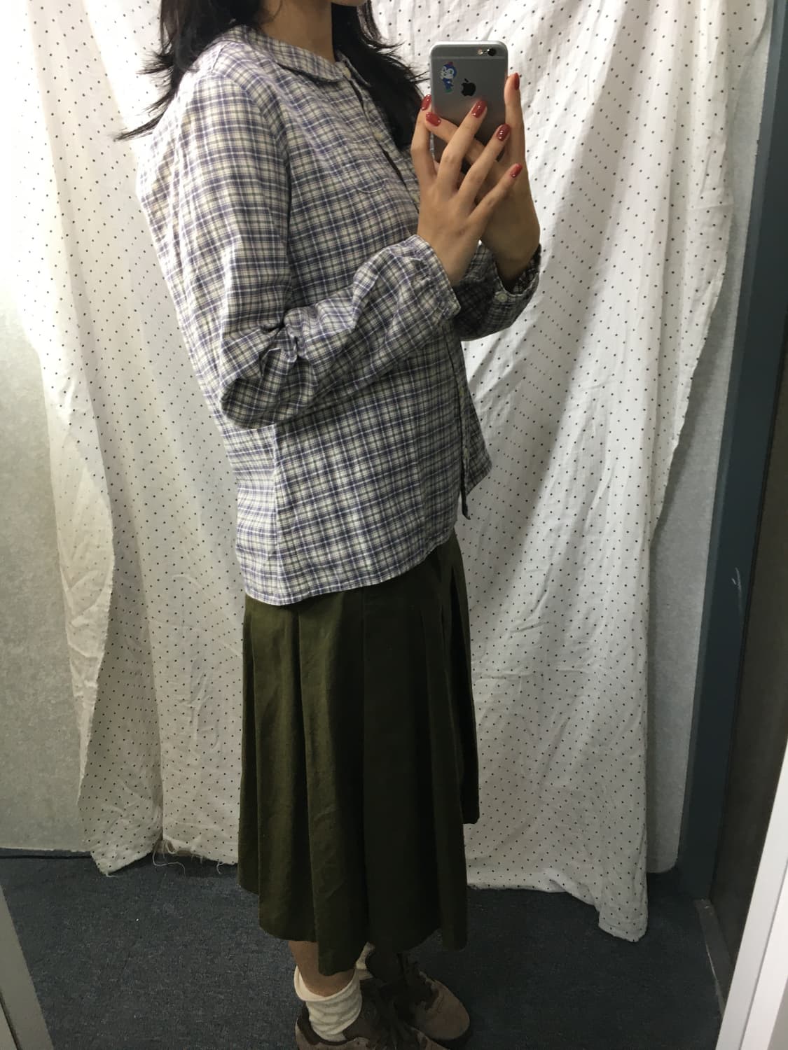 연보라 체크 둥근 카라 블라우스 상품이미지5