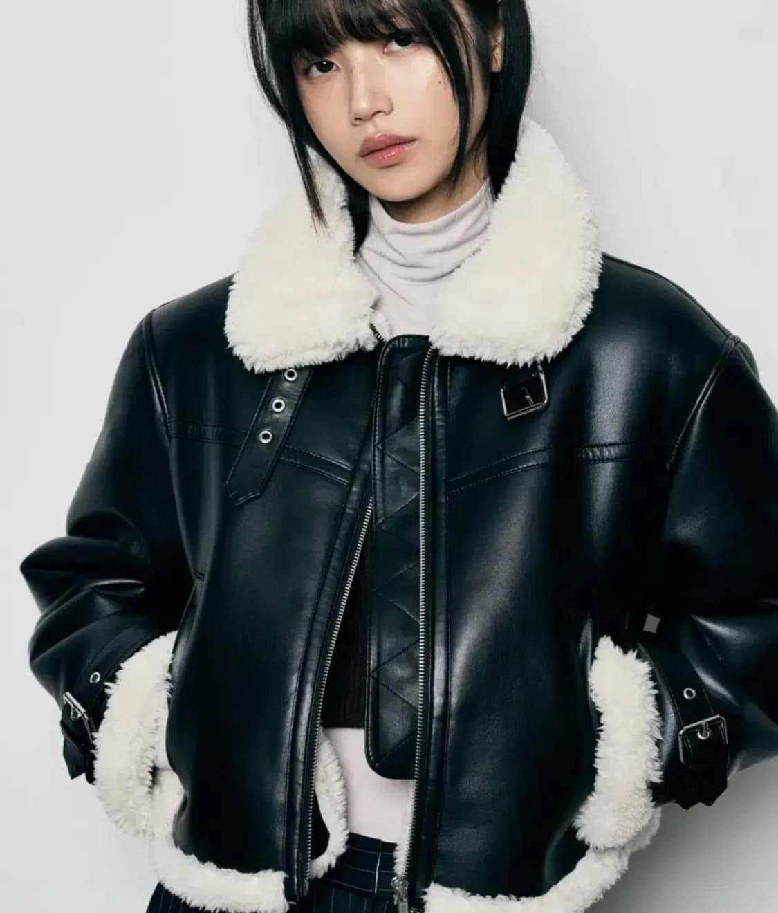 레더리 오블리크 오버핏 레더 무스탕 자켓 [BLACK] 상품이미지1