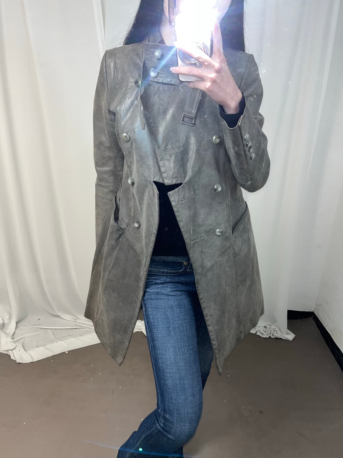 카키 그레이 나폴레옹 레더 코트 상품이미지6