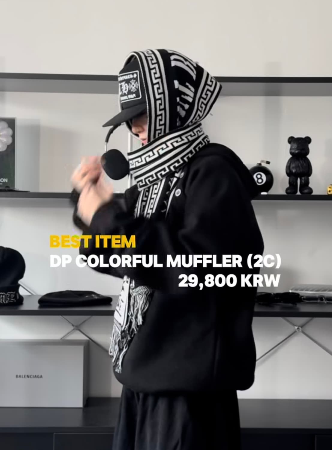 텐즈 레터링 머플러 블랙 화이트 상품이미지1