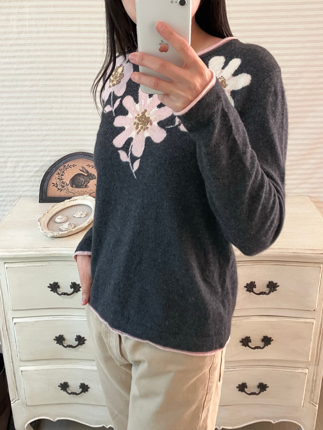 jpn vintage 차콜 플라워패턴 비즈 니트 y2k 스트릿 갸루 펑키 상품이미지4