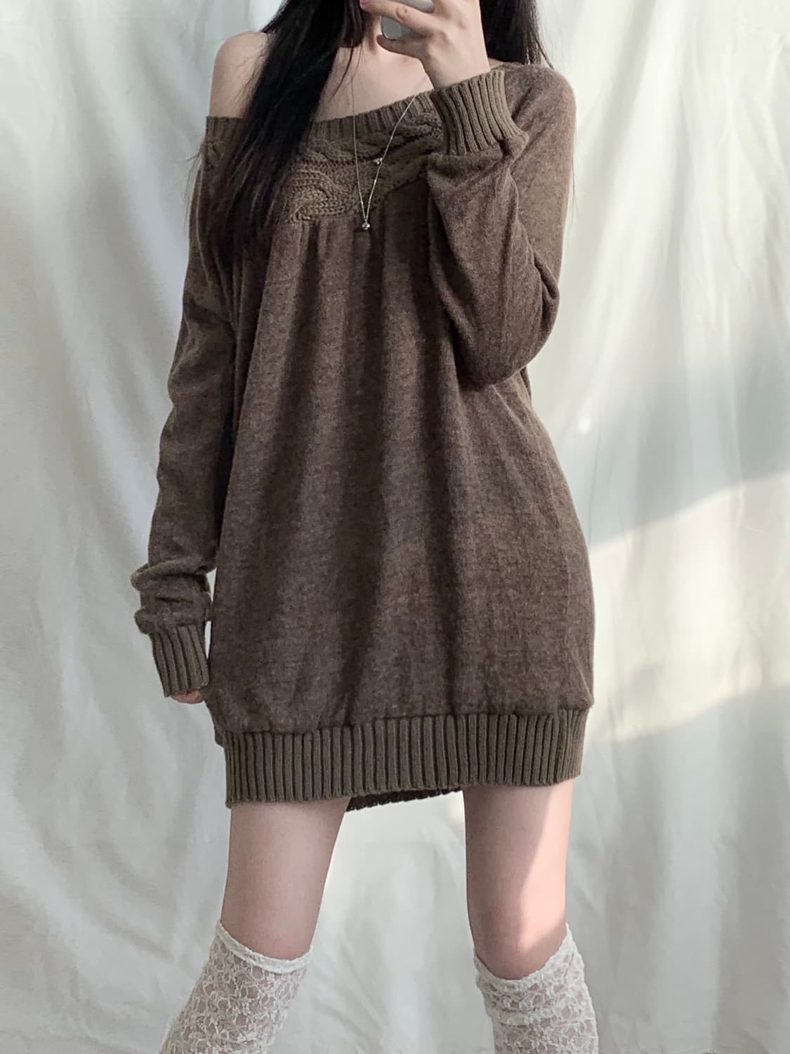 코코아브라운 모리걸 꽈배기 니트 원피스 상품이미지1