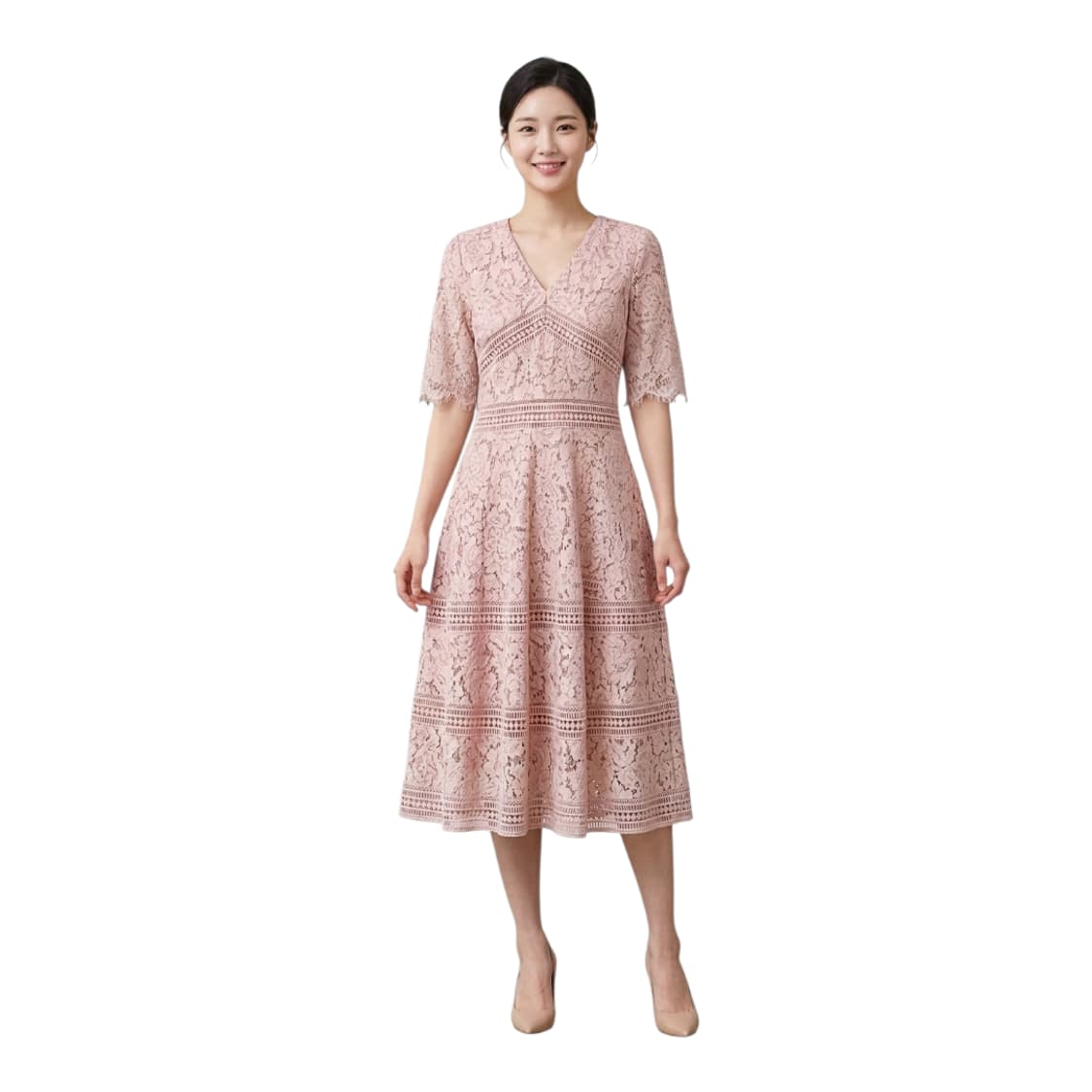 로맨틱 핑크 레이스 자수 브이넥 미디원피스 (반팔) 상품이미지1