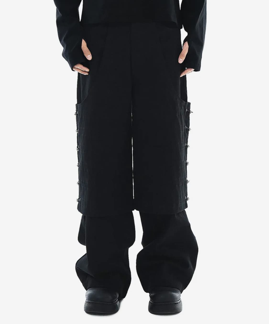 헤오진 플레어 베어리언트 레이어드 와이드 코튼팬츠 블랙  상품이미지2