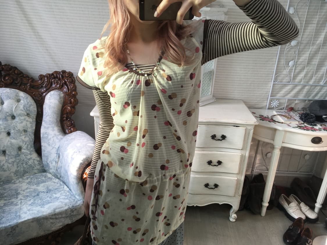 Set) 일본빈티지 도트 블라우스 + 브라운 스트라이프티 상품이미지4