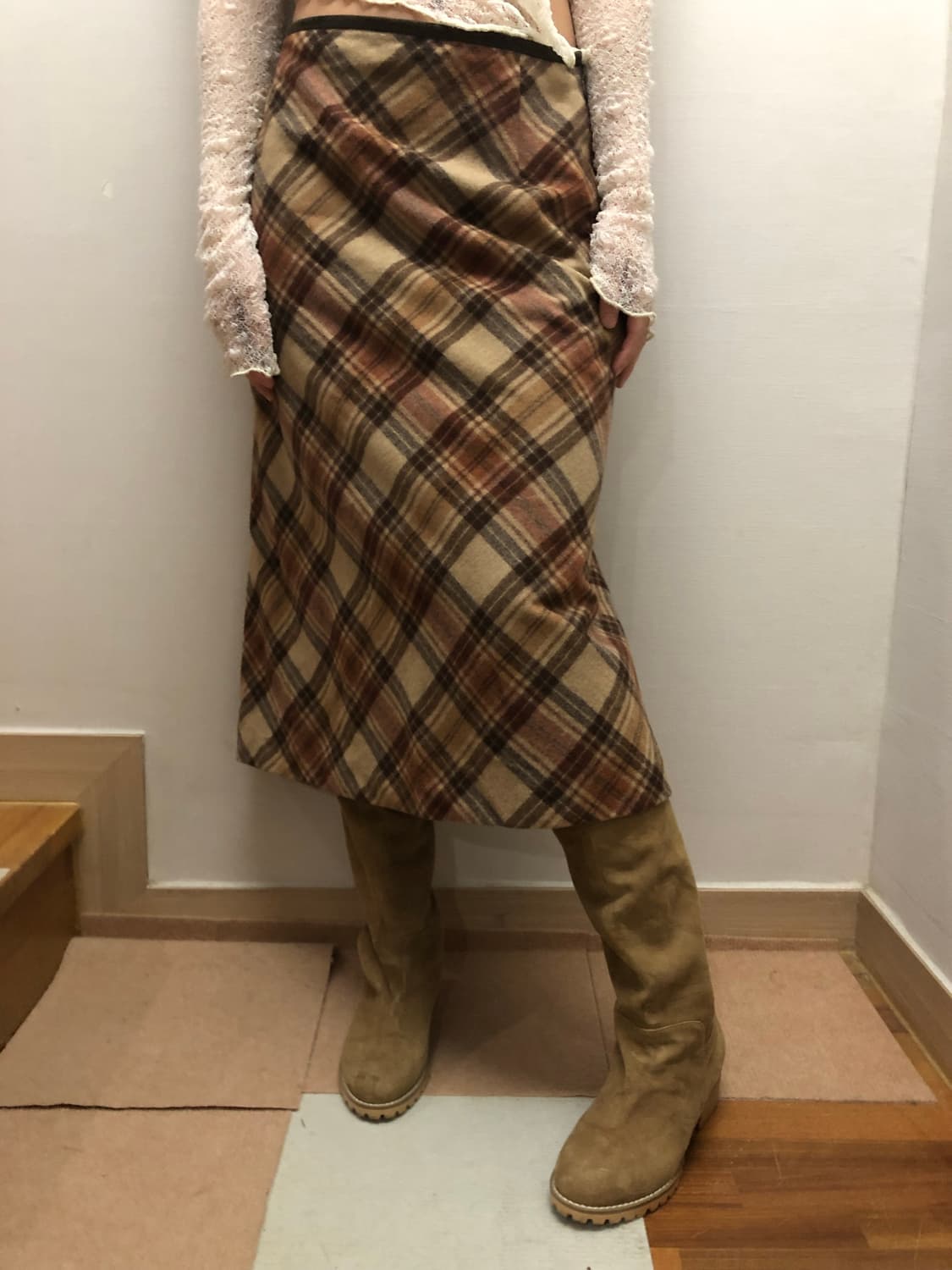 빈티지 브라운 울 체크 스커트 상품이미지1