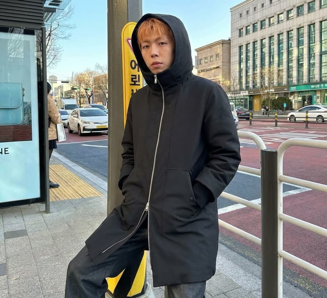 크리스반아쉐 후드 니트소매 레이어드 더블집업 울코트 상품이미지1