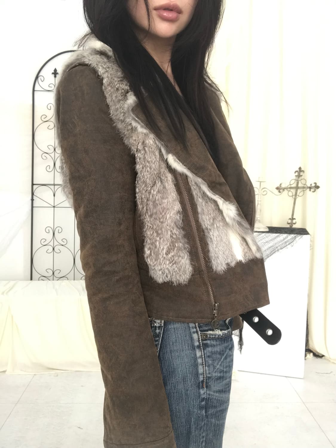 백 코르셋 디테일 브라운 퍼 트리밍 자켓 상품이미지3