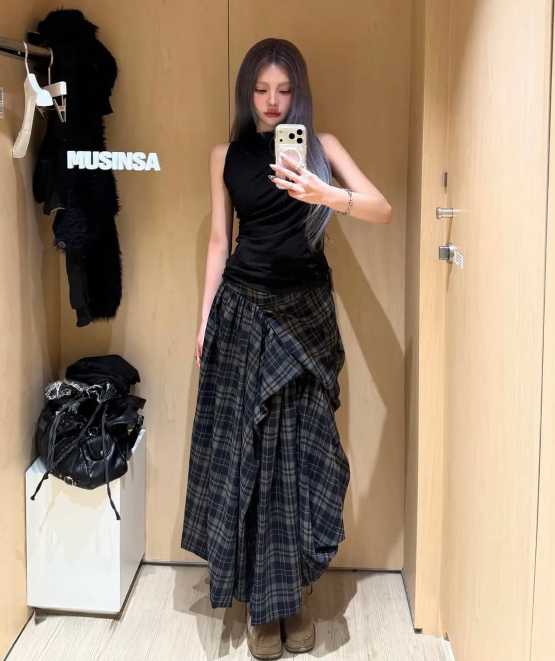 [새상품]플레어업 비대칭 드레이프 레이어드 롱 스커트 체크 상품이미지7