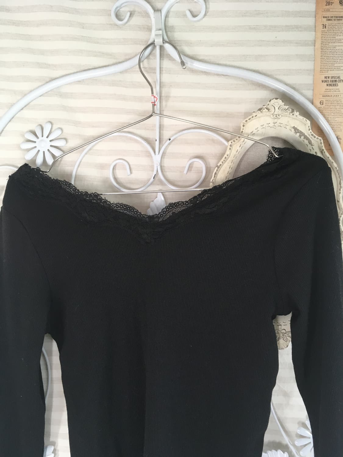 일본빈티지 블랙 레이스 슬림핏 오프숄더 롱 슬리브 상품이미지3