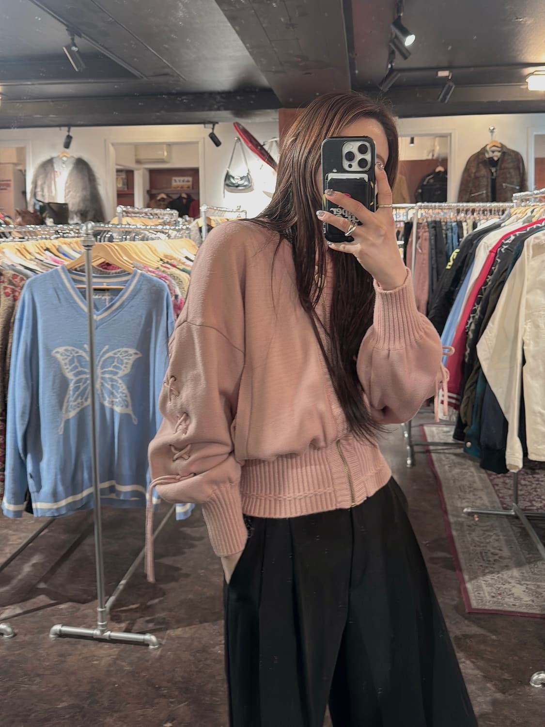 에고이스트 빈티지 스트랩 사선끈 핑크 벌룬 니트집업 가디건 F 상품이미지1