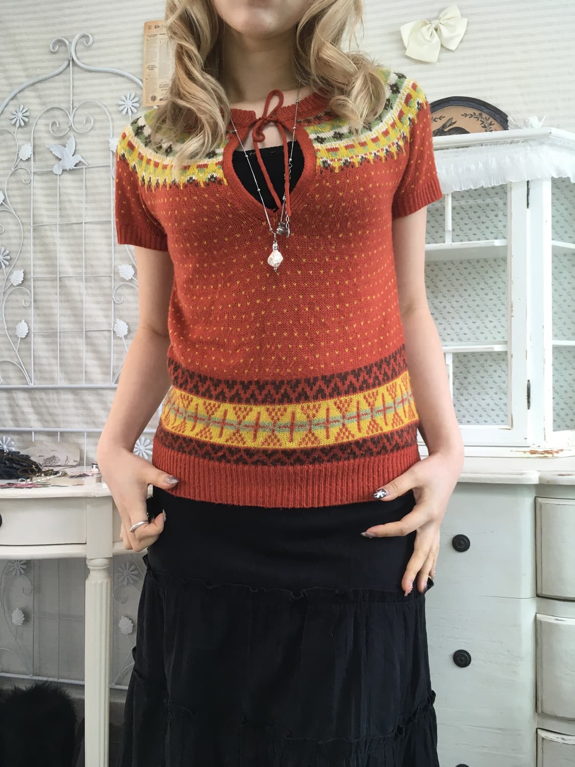 일본빈티지 오렌지 노르딕 하프 컷아웃 니트 상품이미지2