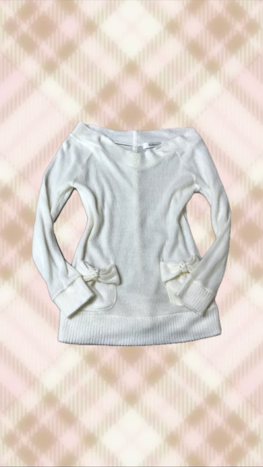 화이트 리본 진주 오프숄더 니트 라떼 히메 갸루 러블리 로걀 리즈리사 상품이미지1