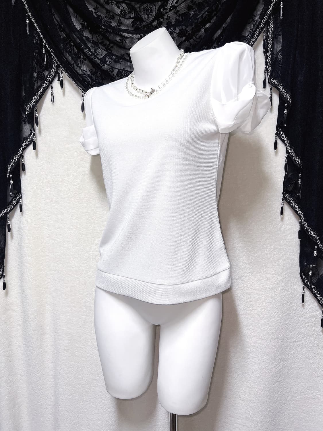 로맨틱갸루 히메 페미닌 진주 화이트 퍼프리본 반팔 로걀탑 핀터 러블리 상품이미지4