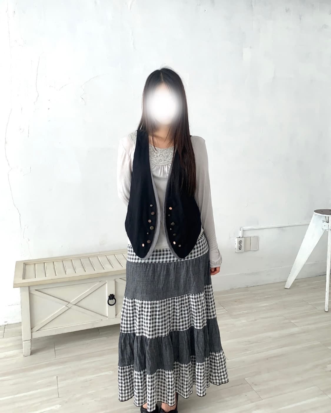 Gray Check Patchwork Long Skirt 상품이미지7