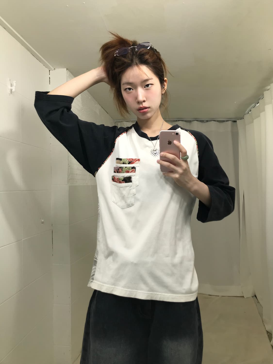 카라쿠리타마시이 오리엔탈 잉어 자수 나그랑 7부 티셔츠 상품이미지3