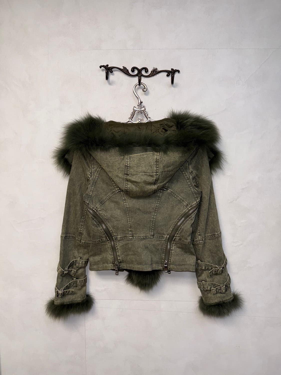 Khaki denim zipper buckle fur hood jk 상품이미지3