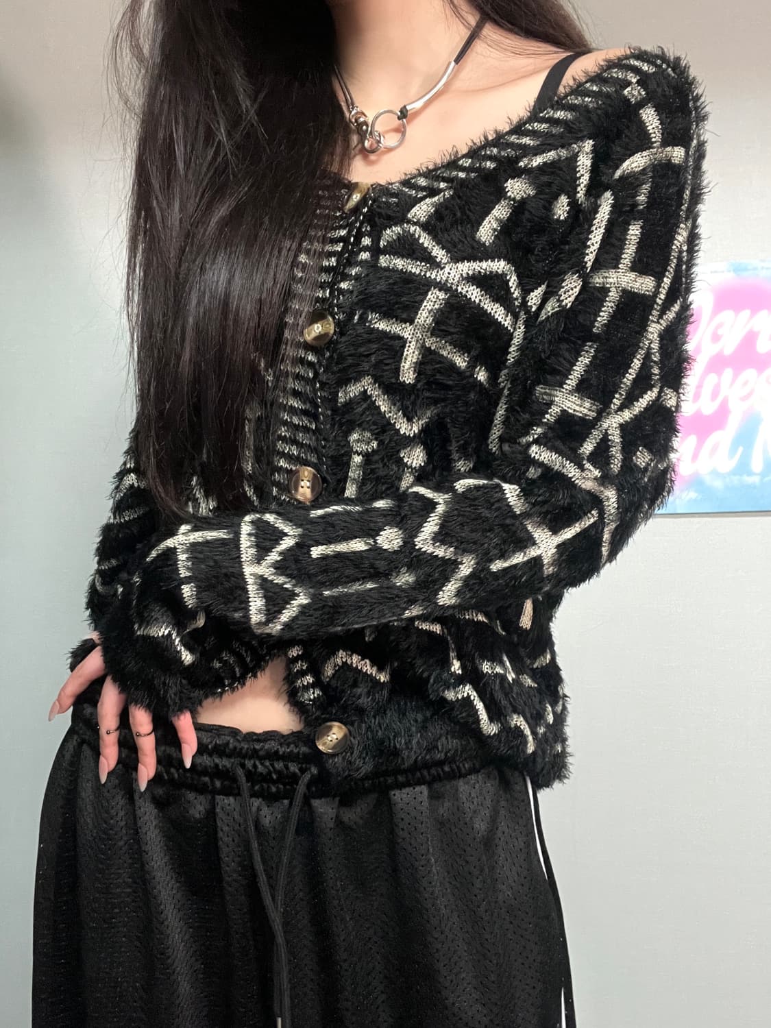 고딕 락 펑크 십자가 퍼 블랙 가디건 상품이미지1