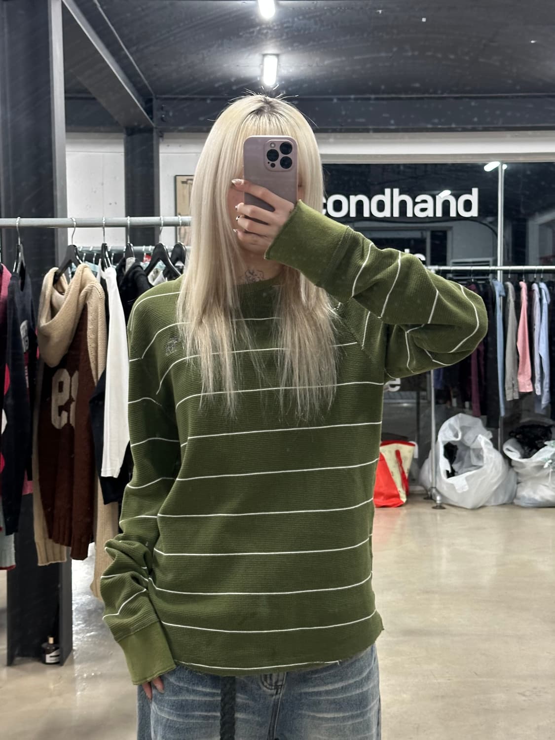  아베크롬비 Abercrombie 올리브그린 스트라이프 니트 롱슬리브 상품이미지2