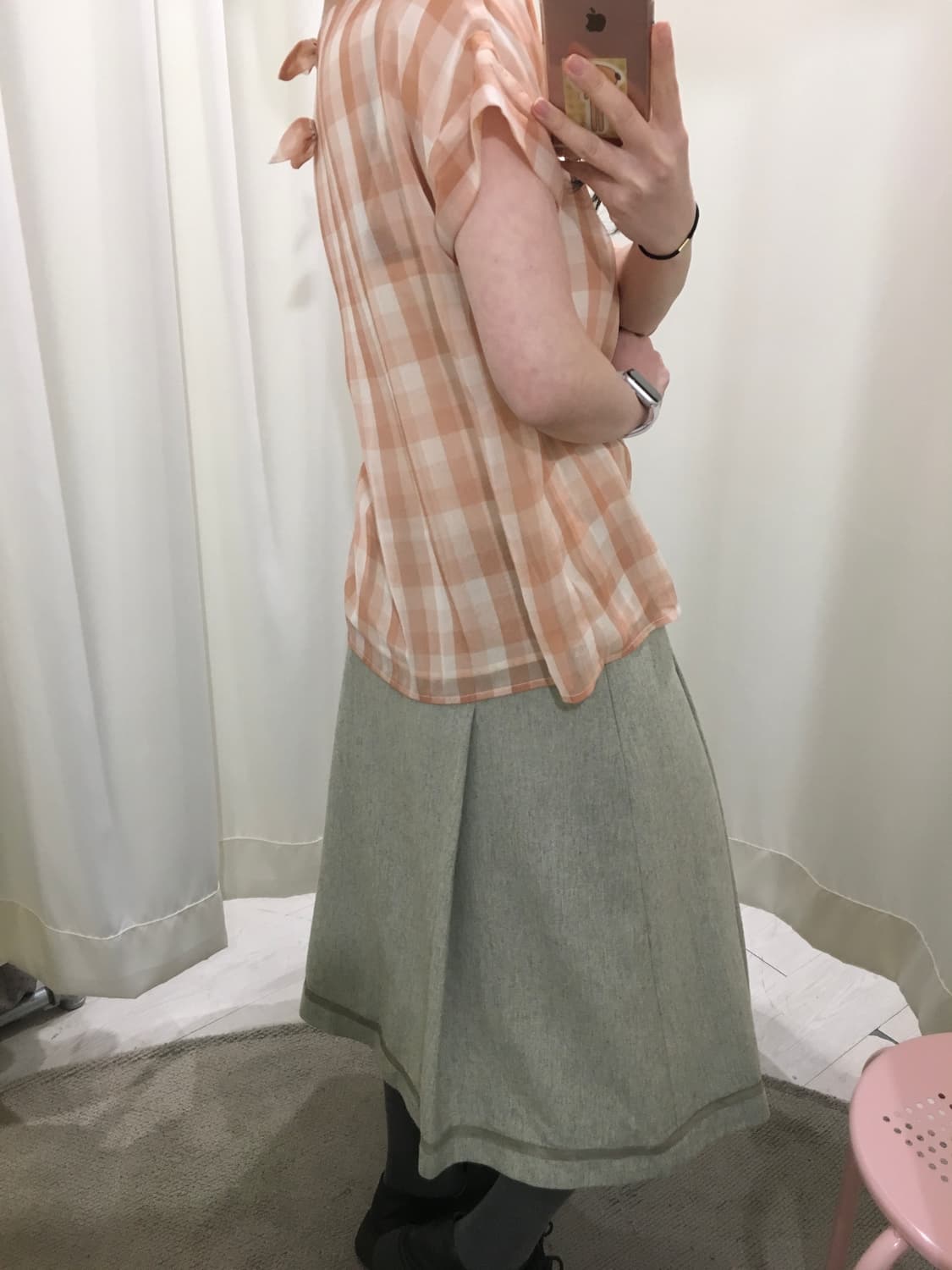 피치 체크 리본 블라우스 상품이미지3