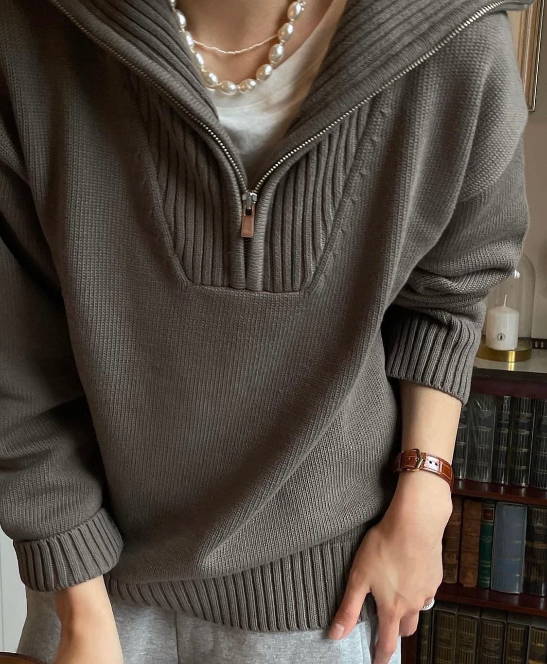 ORE 오어 하프집 니트 풀오버 카키그레이 상품이미지1