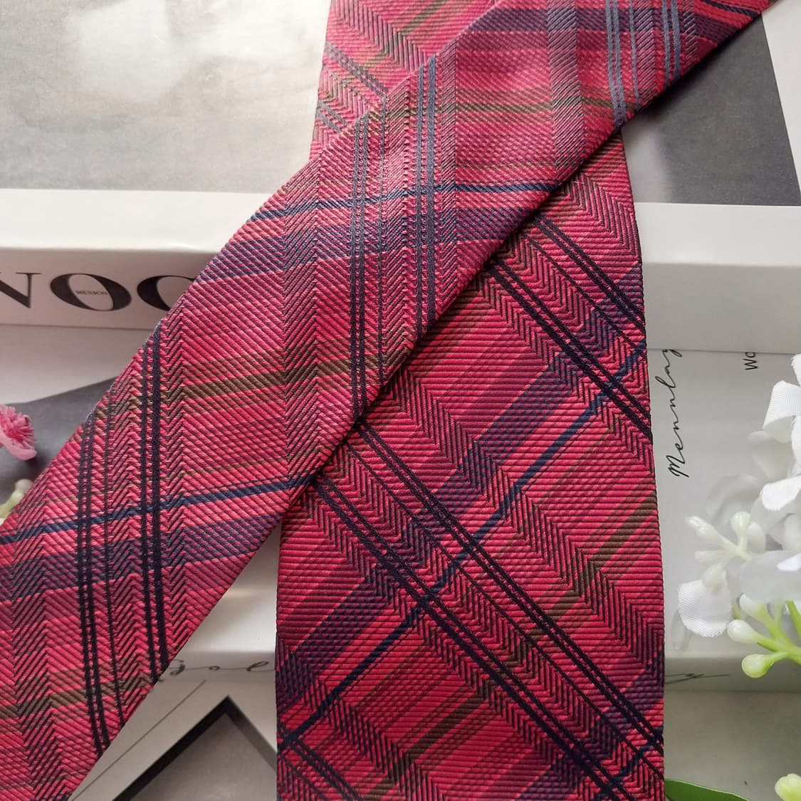 아쿠아스큐텀 실크 레드 자카드 패턴 넥타이 9.1cm A+등급 k2052 상품이미지4