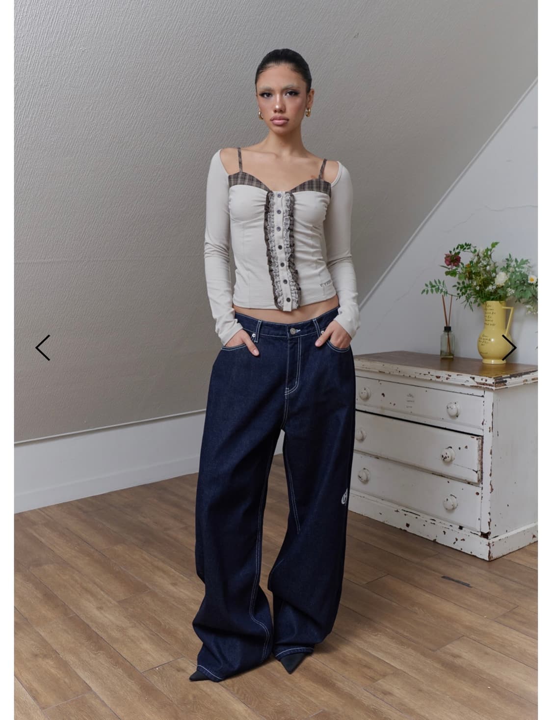 check pattern layered long sleeve -beige 상품이미지2