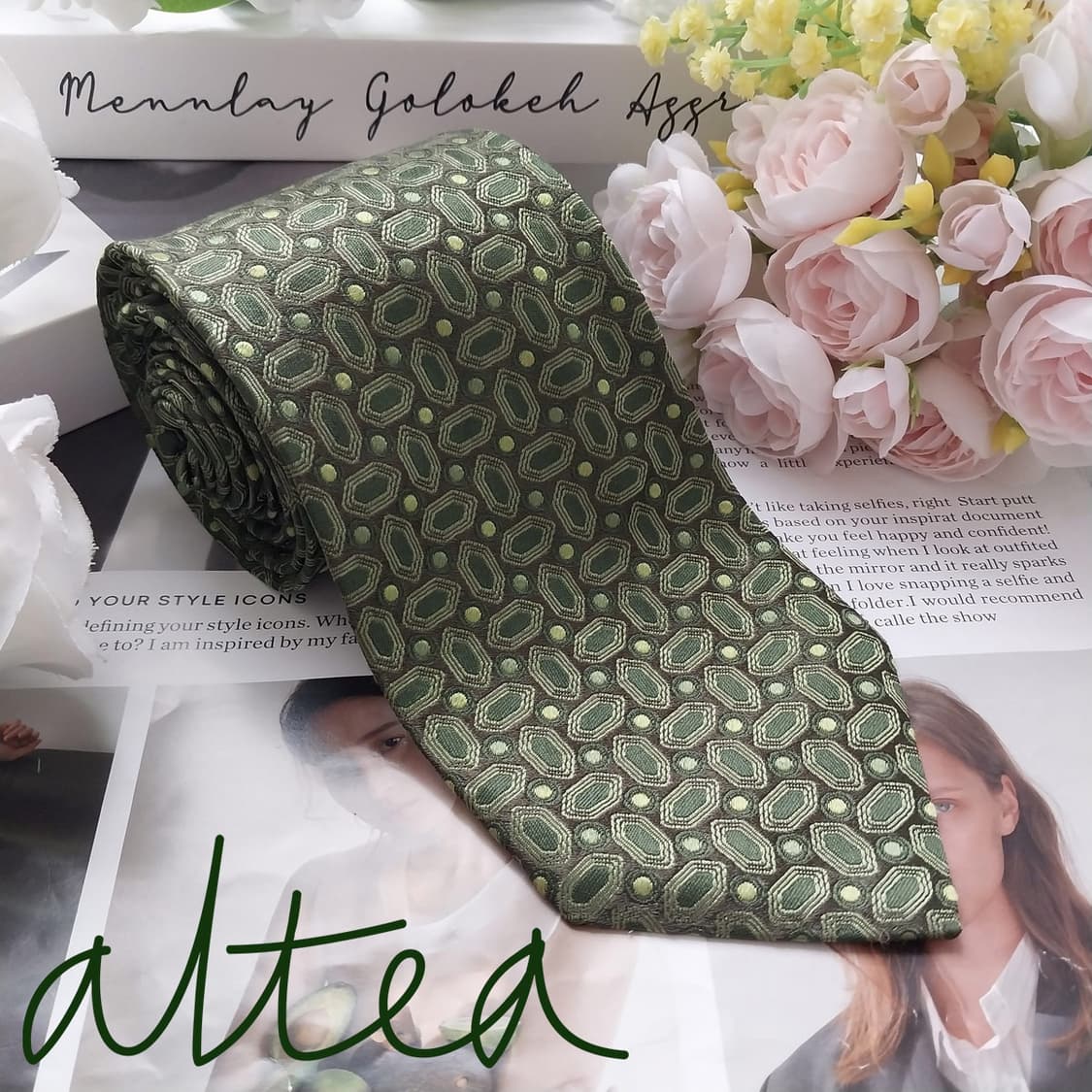 알테아 실크 올리브그린 패턴 넥타이 8.8cm A+등급 K2180 상품이미지3