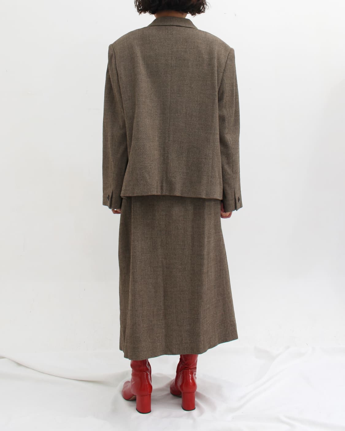 일본 빈티지 울 브라운 트위드 자켓 스커트 셋업 상품이미지2