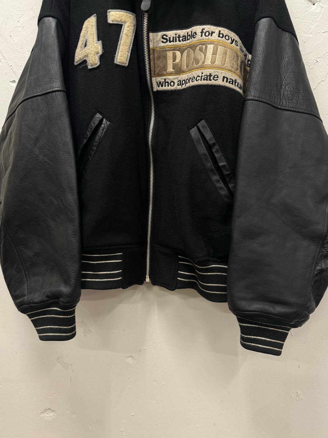XL) POSHBOY Leather Arm Varsity Jacket 상품이미지5