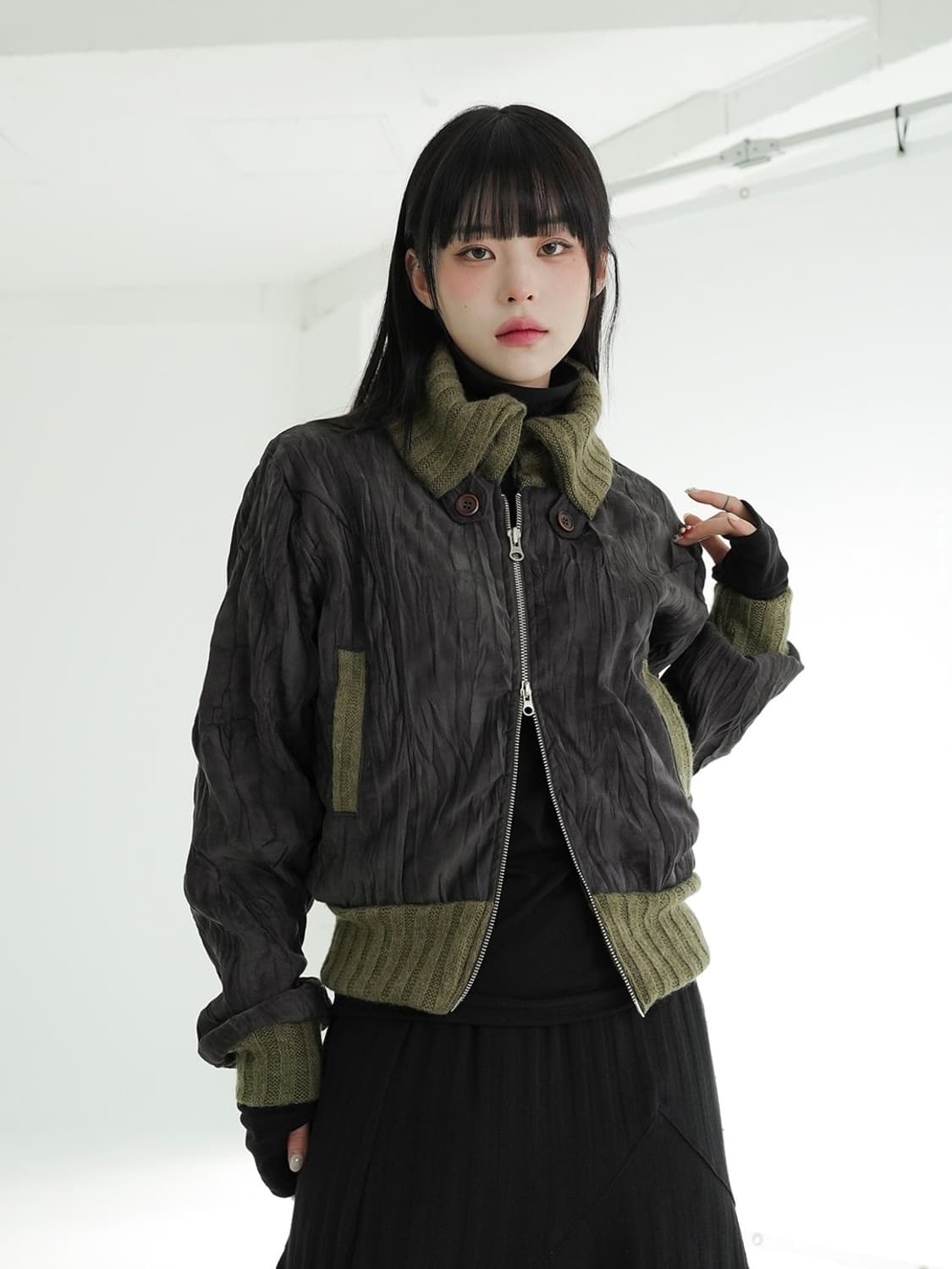 바이너리원 누빔 르센 투웨이 링클점퍼 카키 상품이미지1