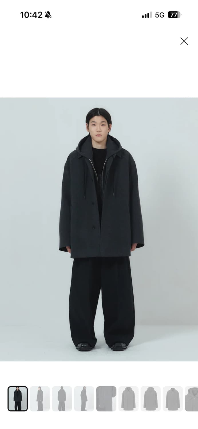 준지 울 캐시 후드 레이어드 미디 코트 - 그레이 상품이미지2