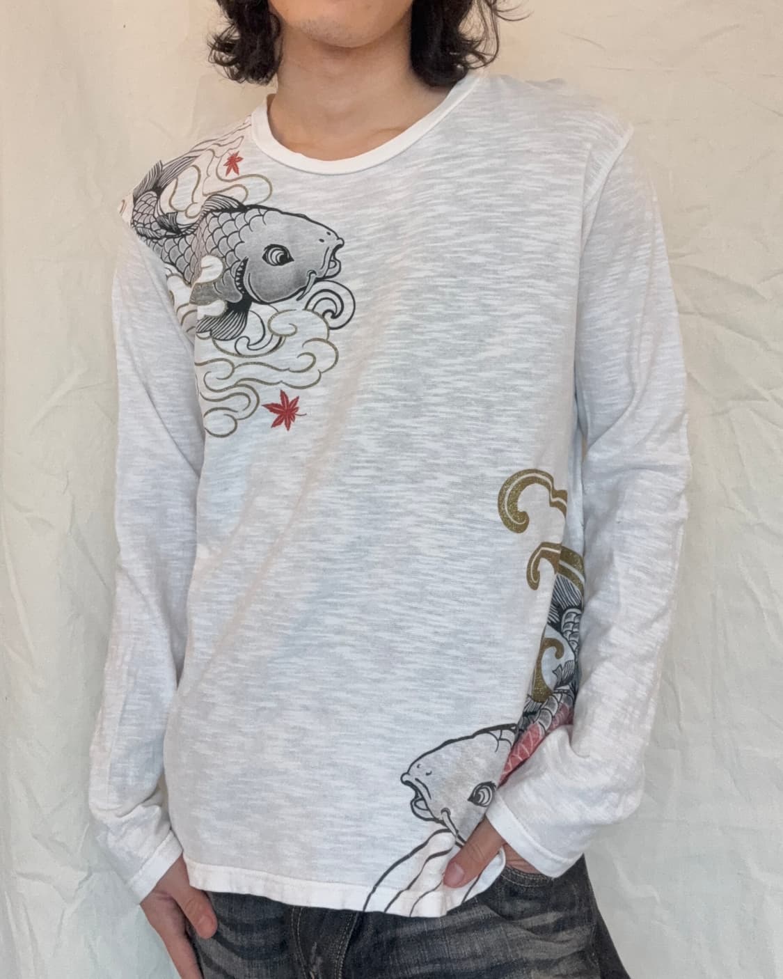 재패니즈 잉어 프린팅 티셔츠 화이트 오리엔탈 그래픽 상품이미지6