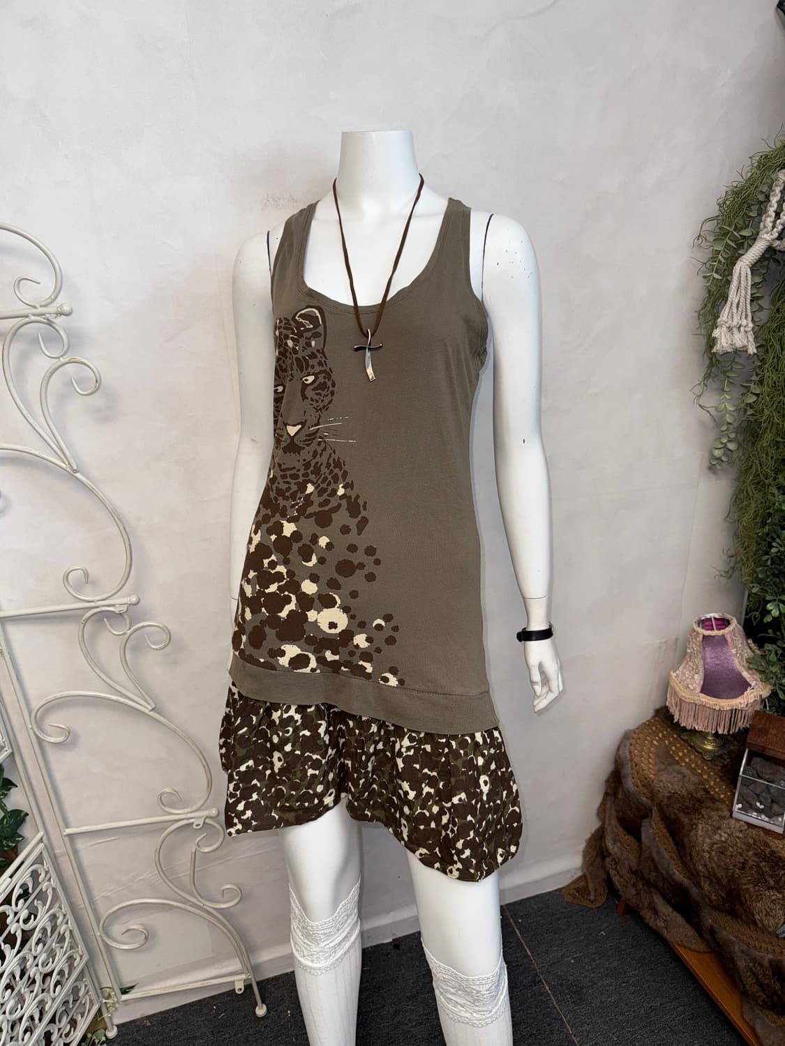 Khaki brown leopard layered midi ops 상품이미지5