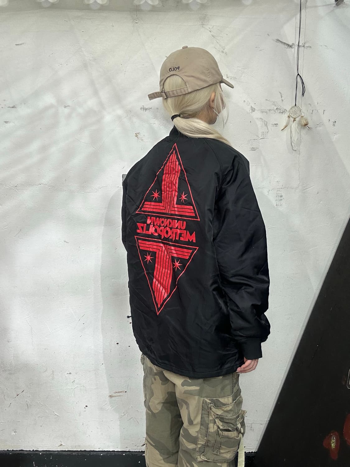 일본 빈티지 블랙 레드 펑크 빅 로고 프린팅 점퍼 바람막이 자켓 M 상품이미지3