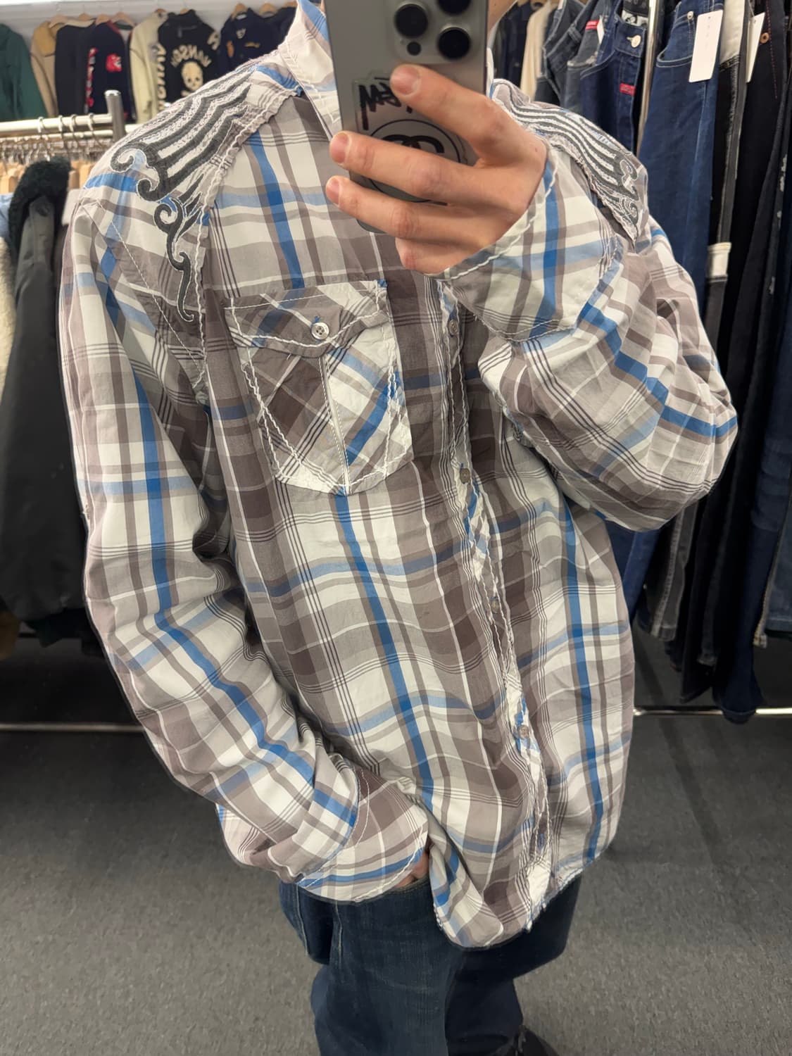 2XL)Roar 빈티지 자수 체크 긴팔셔츠 상품이미지1