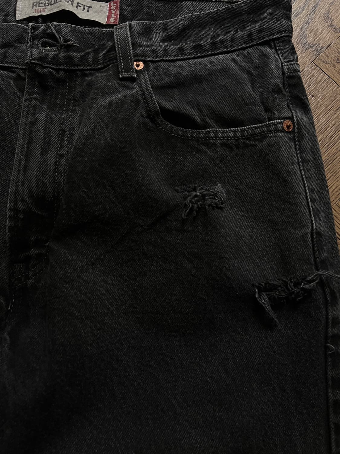 [34]00's 리바이스 USA 505 디스트로이드 흑청 데님 팬츠 상품이미지4