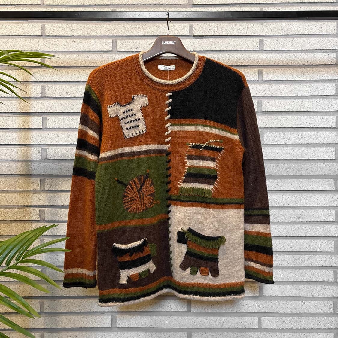 JPN VINTAGE 니트 패치워크 자수 스티치 디테일 배색 브라운 상품이미지2