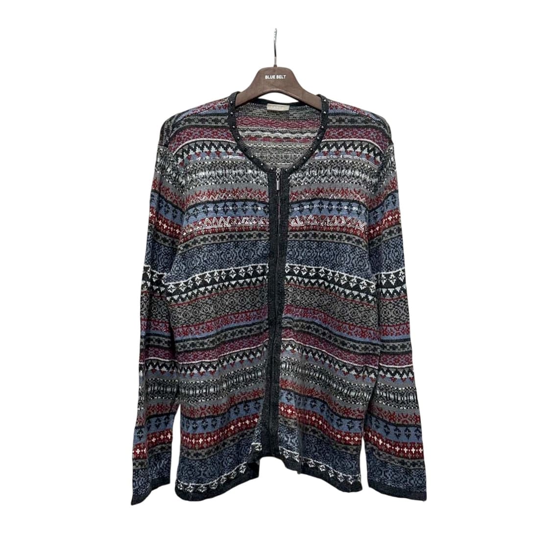 USA VINTAGE 니트 집업 가디건 노르딕 패턴 배색 디테일 블루 상품이미지1