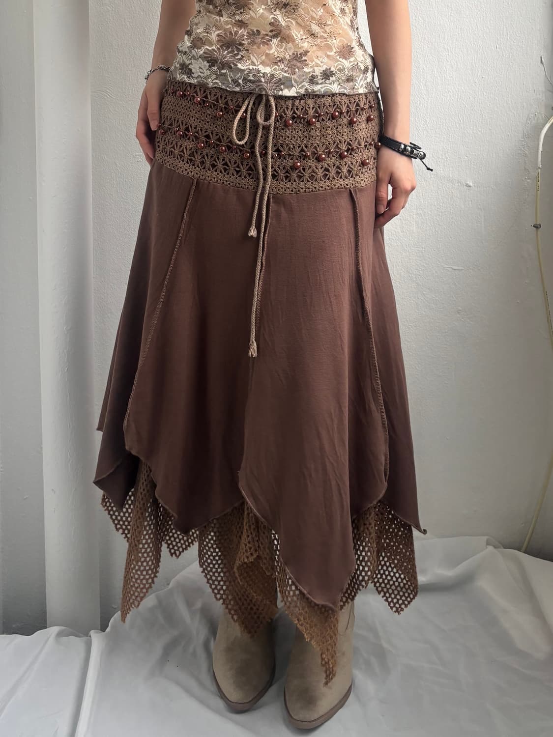 Brown Beaded Crochet Layered Skirt  상품이미지2