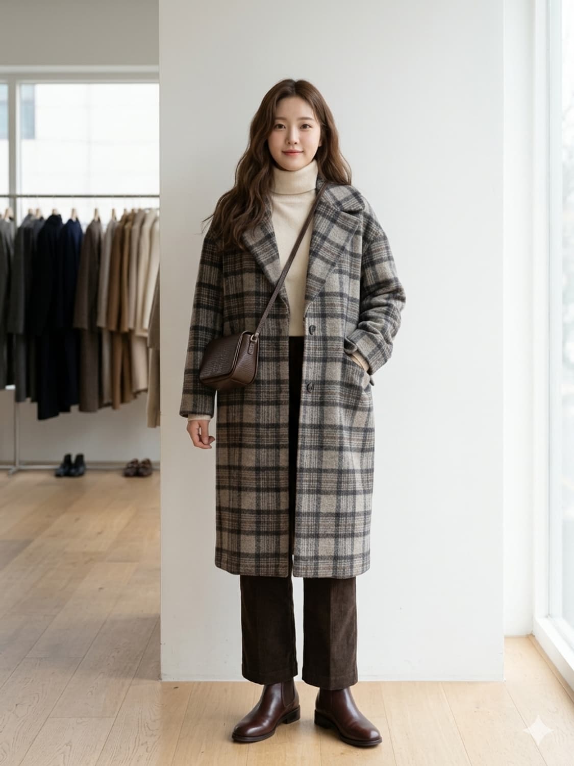 LEBEIGE 르베이지 울 블렌드 체크 롱 코트 상품이미지1