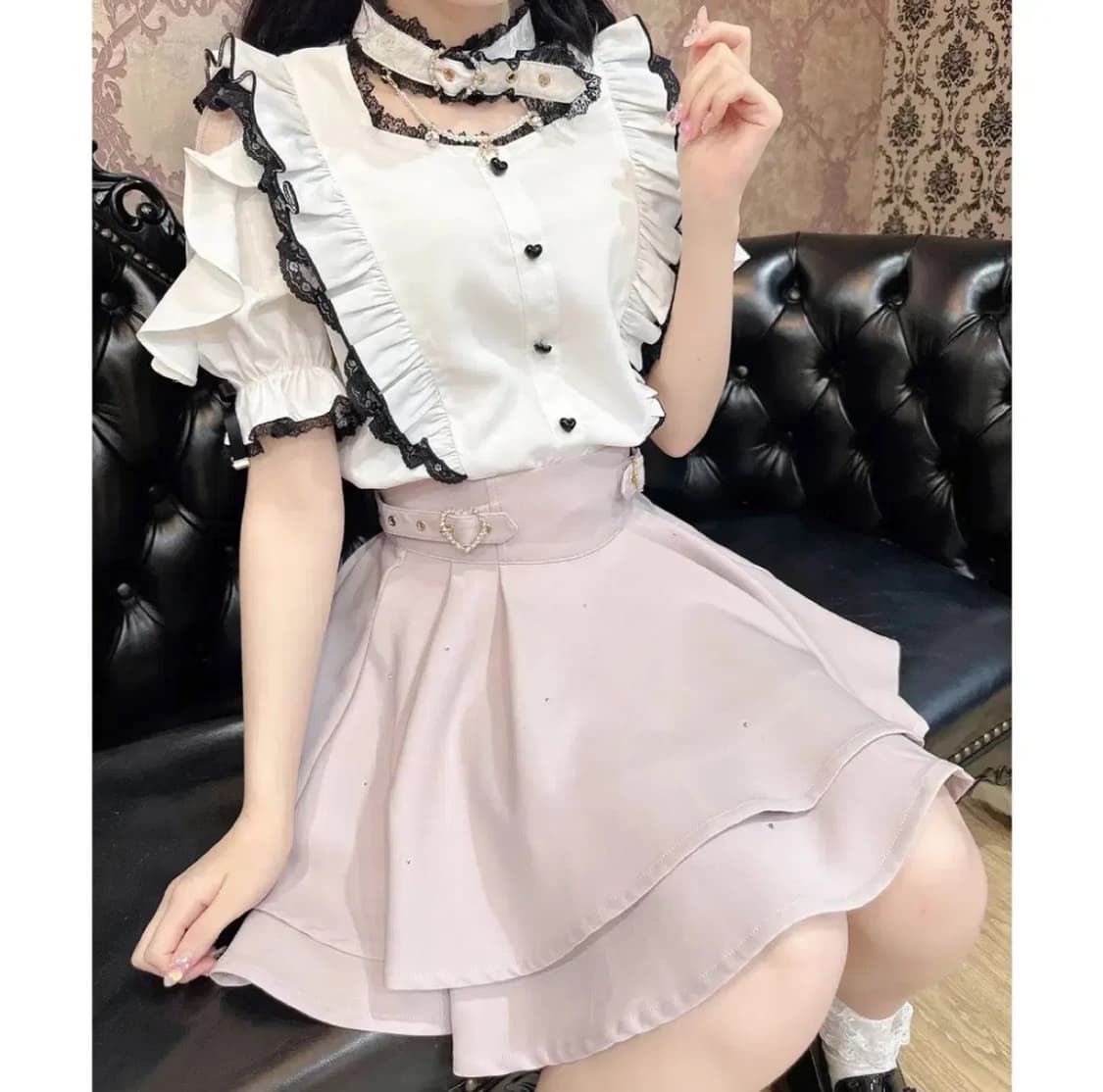 Rojita 로지타 하트버클 비쥬 더블플레어 스커트 핑크 상품이미지3
