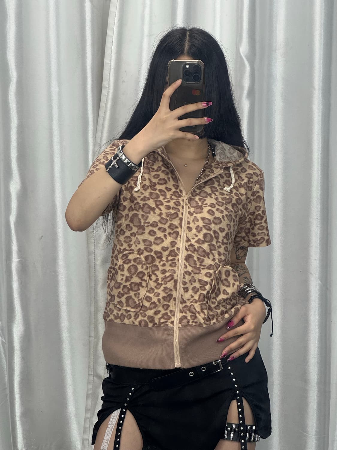 leopard hood short-sleeved zip-up 상품이미지3