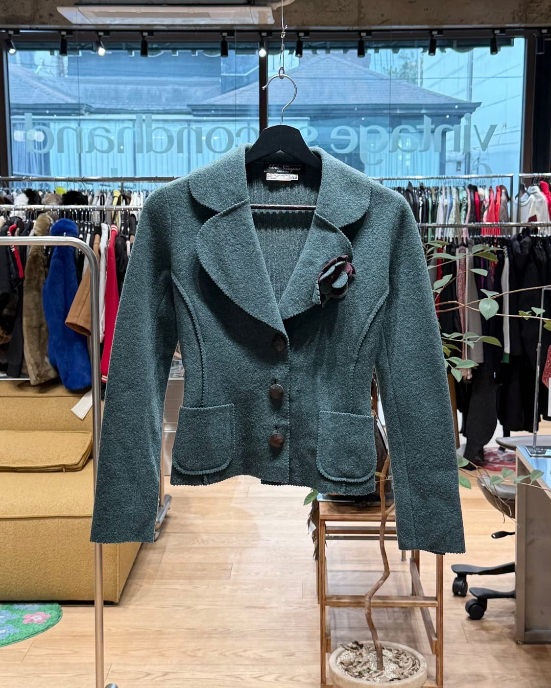 페라가모 그린블루 플라워 패치 3b 울 자켓  상품이미지1