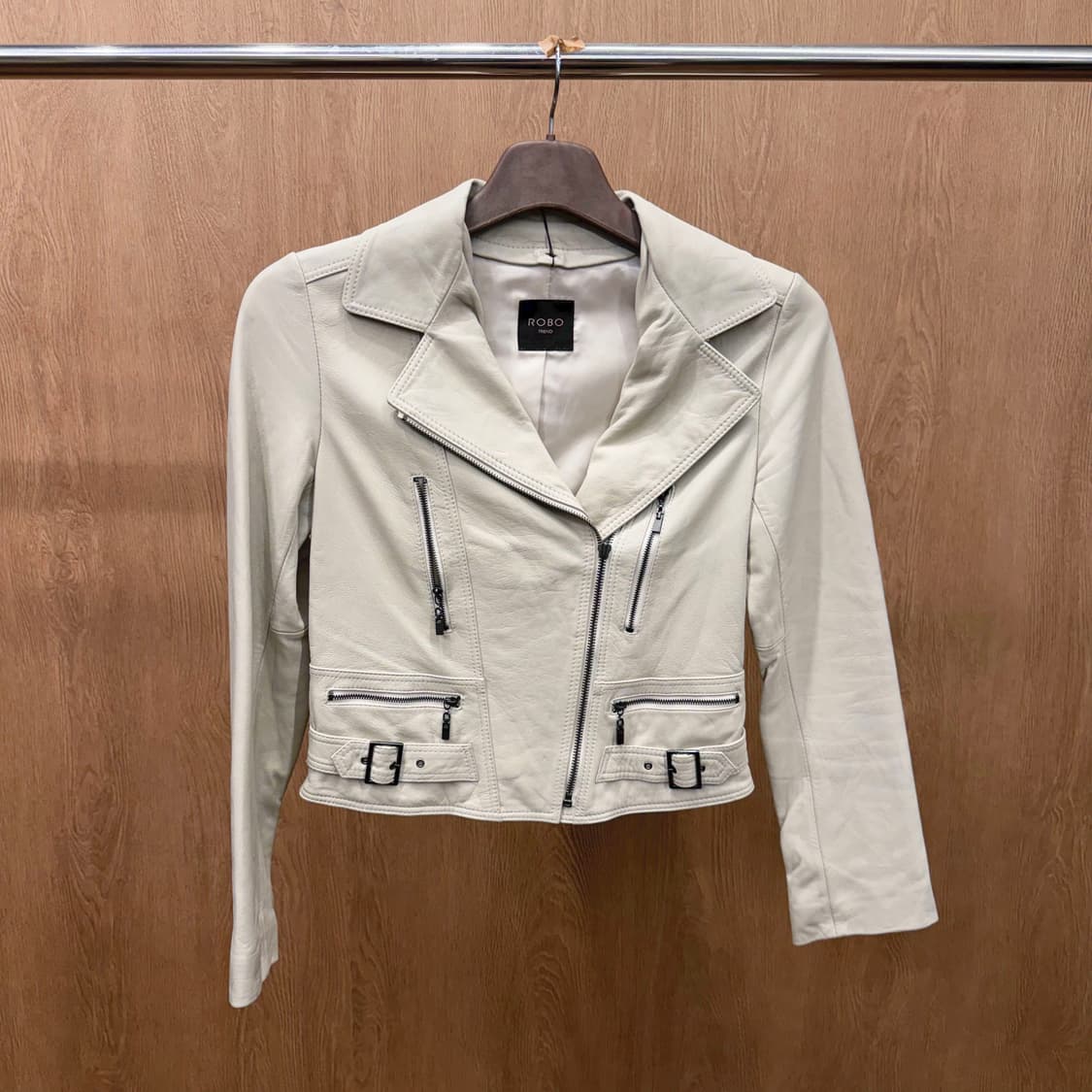 빈티지 슬림핏 레더 라이더 자켓 허리 스트랩 버클 지퍼 디테일 아이보리 상품이미지2