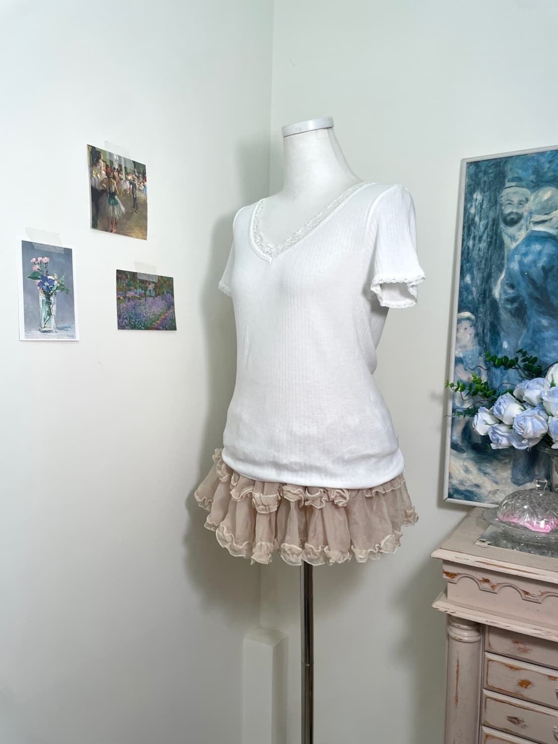 white v-neck lace trim sapn top(size-M) 상품이미지2
